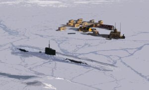 A submarine surfaces near the base camp for a previous ICEX