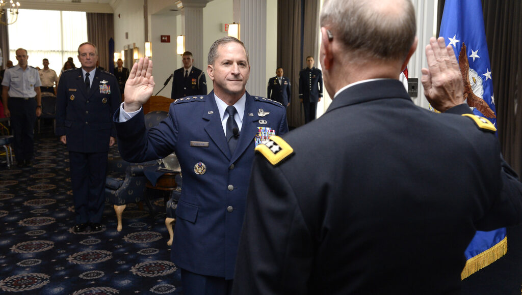 Gen. David L. Goldfein is given the Oath of Office by Chairman of the Joint Chiefs of Staff Gen. Martin Edward "Marty" Dempsey during his promotion ceremony Aug. 6, 2015, in Washington, D.C. Goldfein will become the Air Force's 38th Vice Chief of Staff, and most recently served as the director of the Joint Staff. (U.S. Air Force photo/Scott M. Ash)