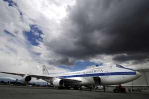 An Air Force E-4B National Airborne Operations Center aircraft sits at the international airport in Bogota,Colombia Oct. 3, waiting for Secretary of Defense Robert M. Gates. U.S. Air Force photo/Tech. Sgt. Jerry Morrison)