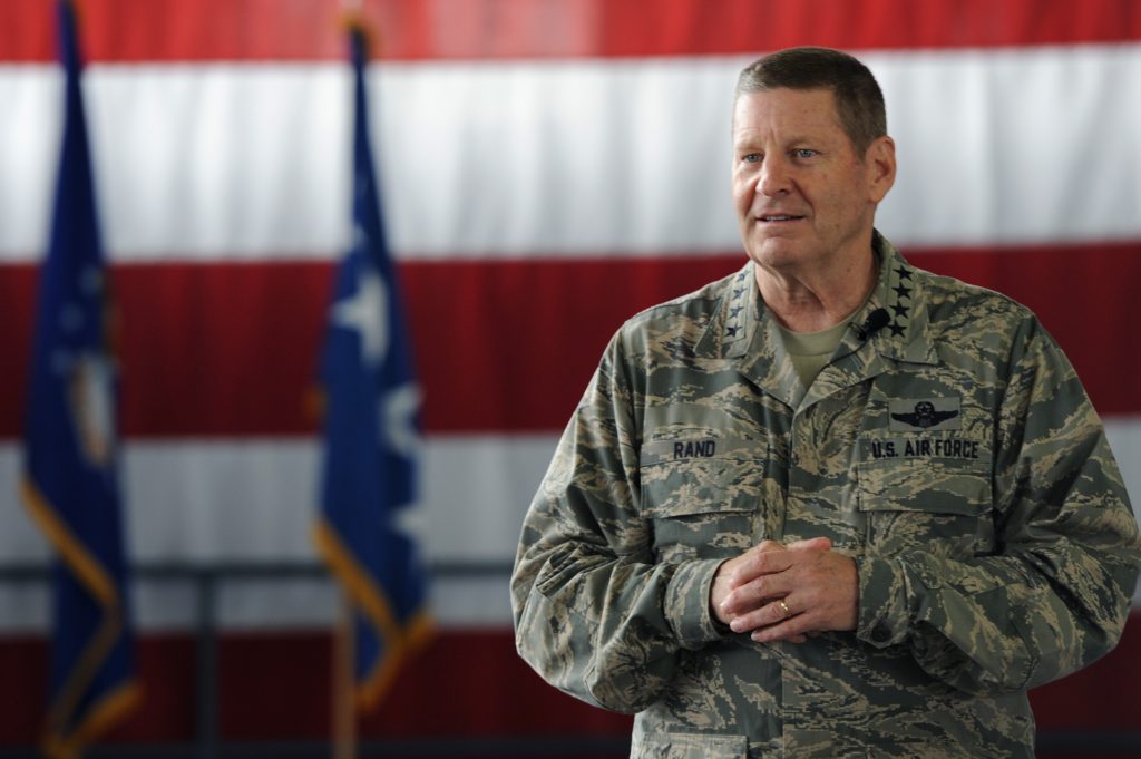 Gen. Robin Rand, AFGSC commander, speaks at an all call during his visit to Ellsworth Air Force Base, S.D., April 27, 2016. Rand touched on how important family and resiliency is to him, as well as the purpose of modernizing the Air Force’s aircraft fleet, including the upgrade of the B-1 bomber cockpit and weapons system officer stations. (Air Force photo by Senior Airman Hailey R. Staker)