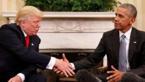 Donald Trump and Barak Obama shake hands first White House visit