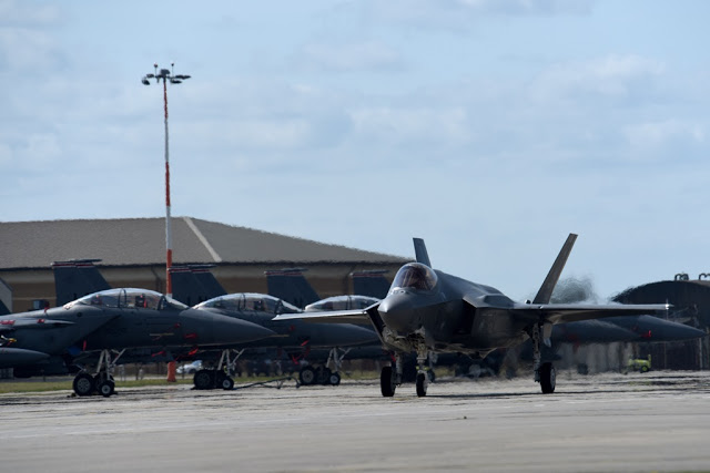 An F-35 Lightning II from the 34th Fighter Squadron at Hill Air Force Base, Utah, taxis after landing at Royal Air Force Lakenheath, England, April 15, 2017. The fifth generation, multi-role fighter aircraft is deployed here to maximize training opportunities, affirm enduring commitments to NATO allies, and deter any actions that destabilize regional security. (U.S. Air Force photo/Airman 1st Class Eli Chevalier)