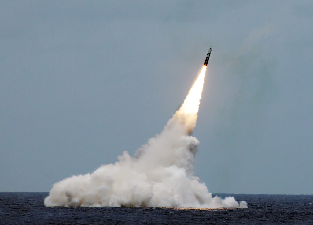 160831-N-SS202-003<br /> ATLANTIC OCEAN (August 31, 2016) An unarmed Trident II D5 missile launches from the Ohio-class fleet ballistic-missile submarine USS Maryland (SSBN 738) off the coast of Florida. The test launch was part of the U.S. Navy Strategic Systems Programs demonstration and shakedown operation certification process. The successful launch certified the readiness of an SSBN crew and the operational performance of the submarine's strategic weapons system before returning to operational availability (U.S. Navy Photo John Kowalski/Released)