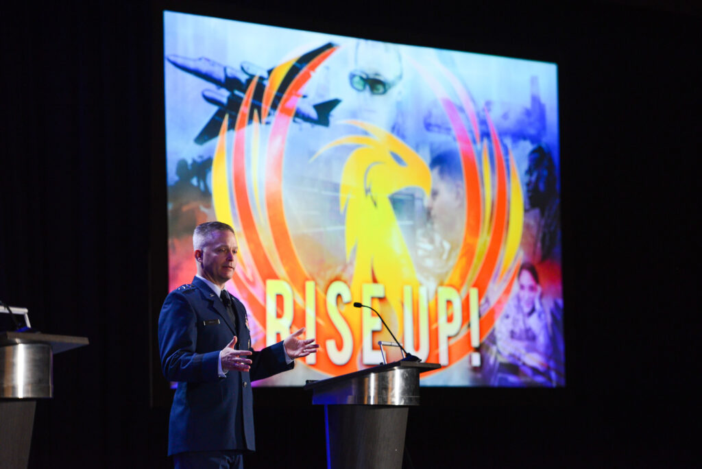 U.S. Air Force Lt. Gen. Timothy Haugh, Sixteenth Air Force (Air Forces Cyber) commander, speaks to Alamo AFCEA Chapter Event attendees in San Antonio, Texas, Nov. 20, 2019. During the annual cyber- and technology-focused conference, Haugh discussed how 16th AF (AFCYBER) is rising up to meet global information warfare demands and warfighter needs. (U.S. Air Force photo by Sharon Singleton)