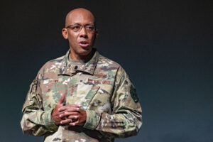 Maxwell AFB, Ala. - Air Force Chief of Staff Air Force Chief of Staff Gen. Charles Q. Brown, Jr. addresses students from Air War College and Air Command and Staff College at Air University. (U.S. Air Force photo by Trey Ward/CLEARED FOR PUBLIC RELEASE)