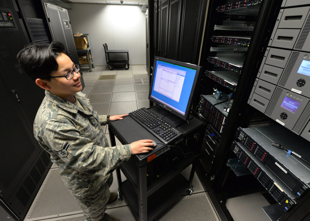 Airman First Class Sabrina Zarate, 88th Communication Squadron server operations system administrator, conducts a real time test on a Wright-Patterson Air Force Base computer server, May 11, 2017. The server operation team ensures maximum access capability to WPAFB computer systems with quick response solutions to operational malfunctions.(U.S. Air Force Photo by Al Bright/Released)