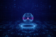 Artificial intelligence concept. Brain over a circuit board. HUD future technology digital background