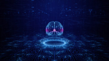 Artificial intelligence concept. Brain over a circuit board. HUD future technology digital background