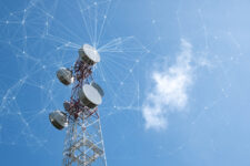 Telecommunication tower with mesh dots, glittering particles for wireless telecommunication technology