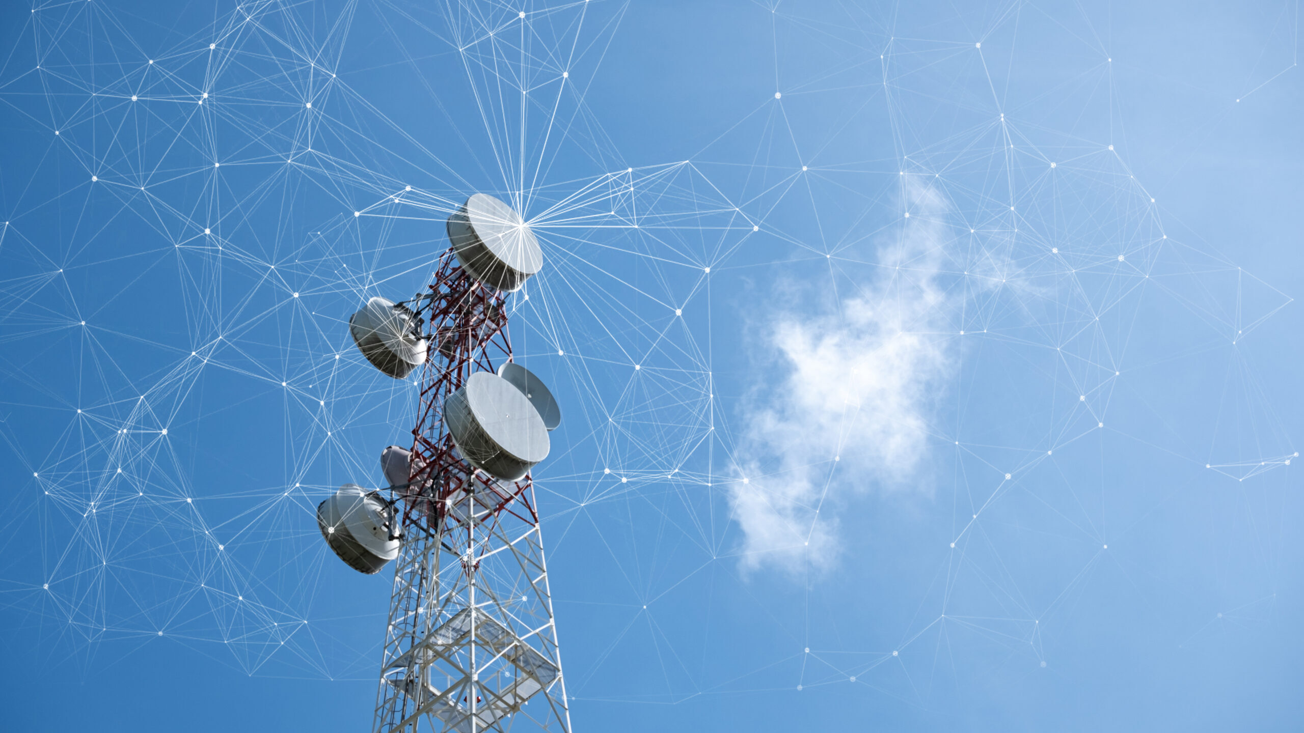 Telecommunication tower with mesh dots, glittering particles for wireless telecommunication technology