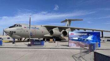 Russia's Il-76MD90A(E) large transport aircraft on display at the Dubai Air Show, marking a first international trade show appearance.