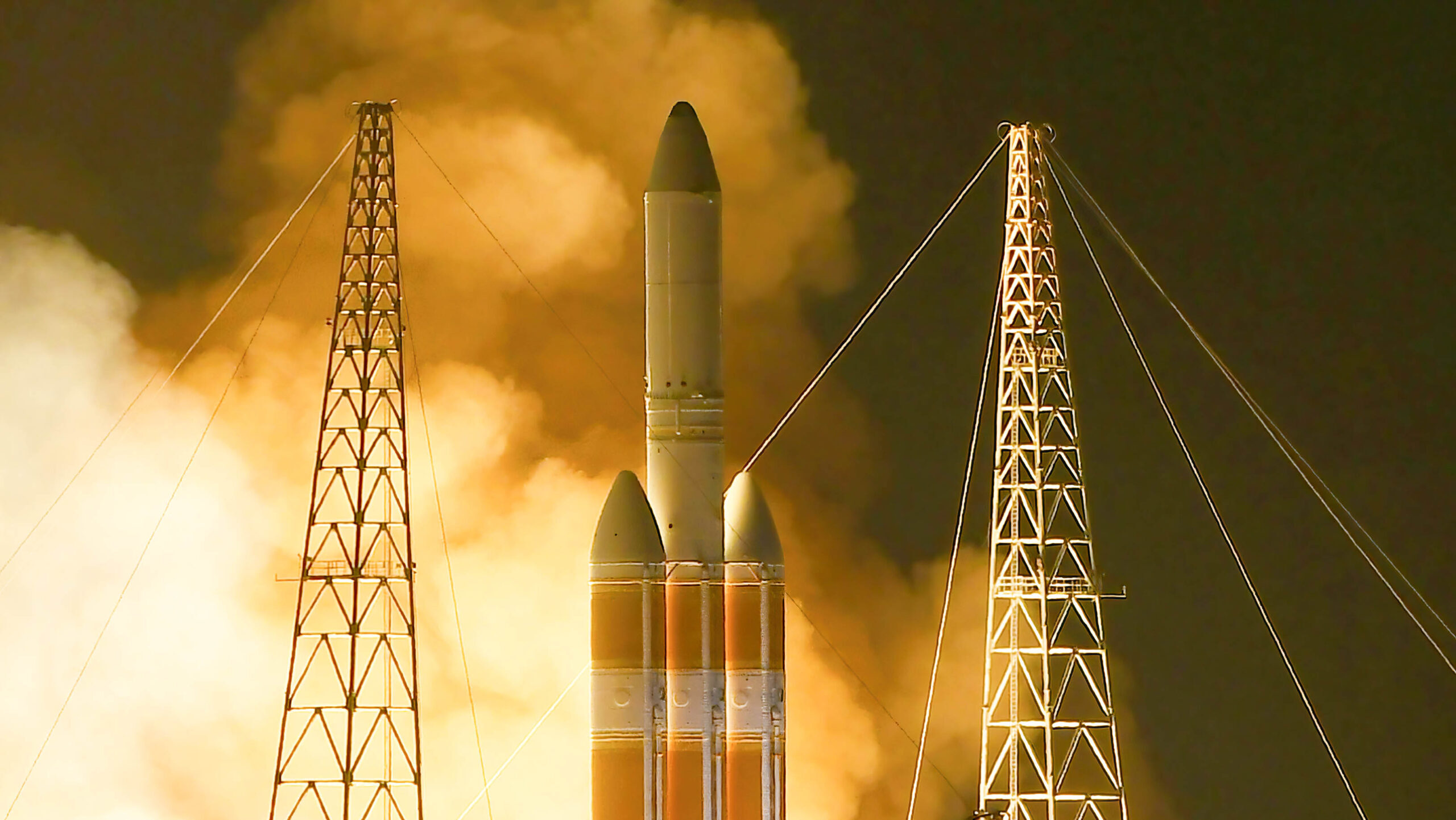 A United Launch Alliance Delta IV Heavy rocket lifts off