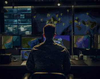 Tactical Operations: Soldier in a Modern War Room Utilizing Maps