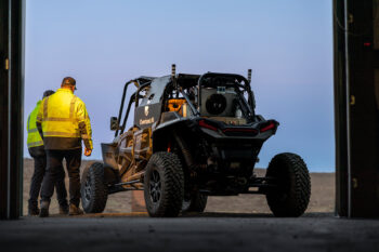 Teague works with partners like Overland AI, a company on the leading edge of autonomous land systems, to navigate complex, off-road terrain at operationally relevant speeds. (Photo courtesy of Overland AI)