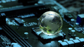 Concept of green technology. crystal globe on circuit board technology innovations. Environment Green Technology Computer Chip.Green Computing and Technology, CSR, and IT ethics, Ai.