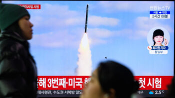 A 24-hour Yonhap news TV broadcast at Seoul Railway Station