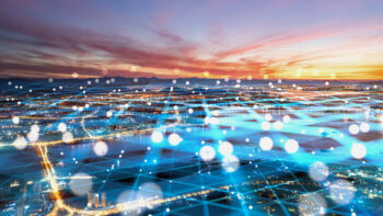 Composite image of modern city network communication concept
